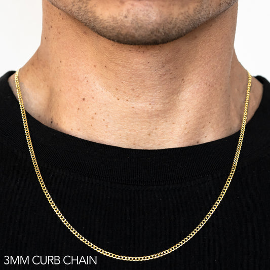 10K 3MM YELLOW GOLD SOLID CURB 16" CHAIN NECKLACE (AVAILABLE IN LENGTHS 7" - 30")
